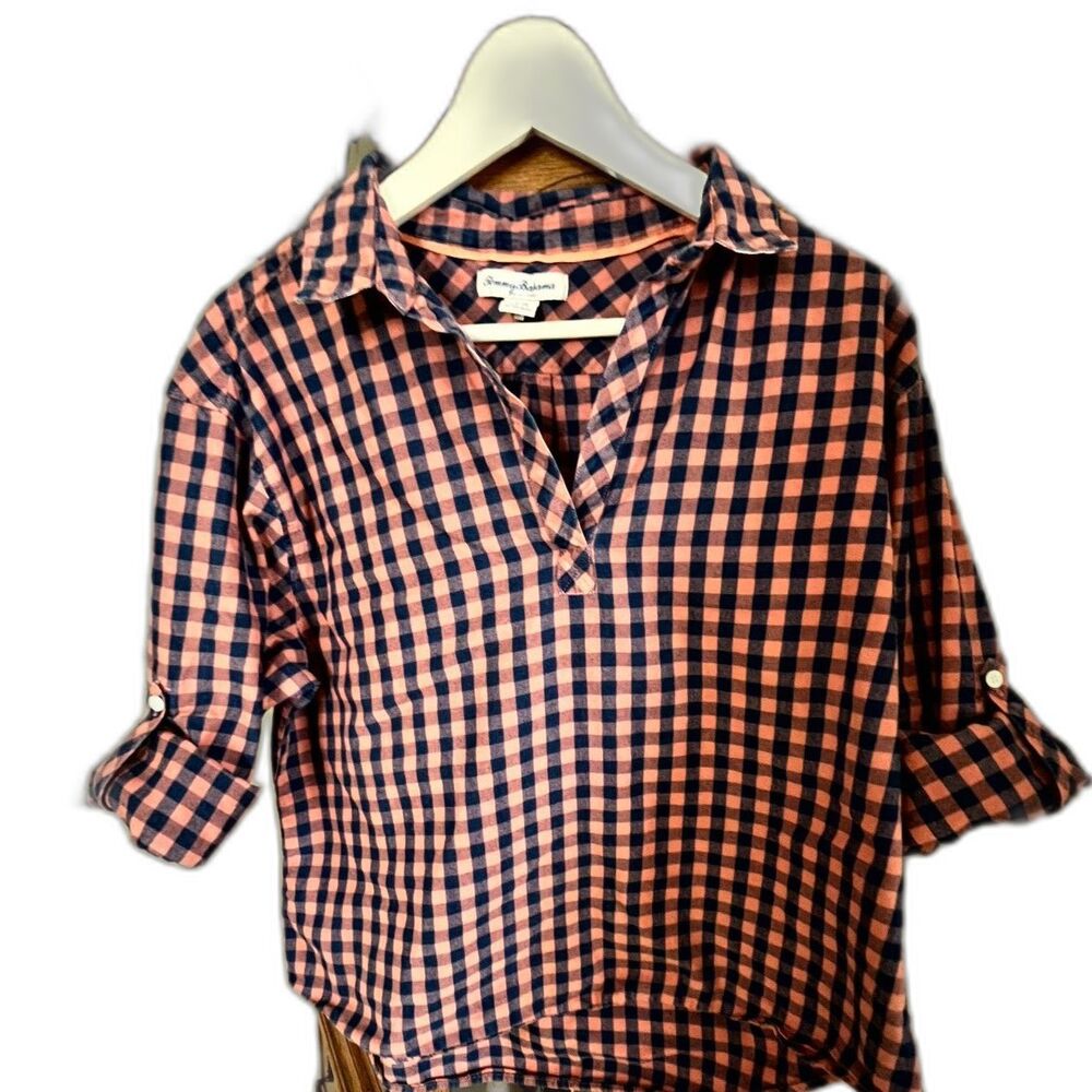 Tommy Bahamas Women’s Gingham Button‑Down Shirt Peachy Navy Check Casual Classic
